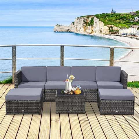 Rootz Garden set - Lounge set - Garden furniture - 7-piece - Seat cushions - Table - Safety glass - Poly rattan - Gray