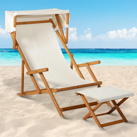 Rootz Gartenset – Liegestuhl – Loungesessel – verstellbar – Hocker – Sonnendach – Sonnenschutz – Akazienholz – Braun – Creme – 126 x 70 x 94 cm