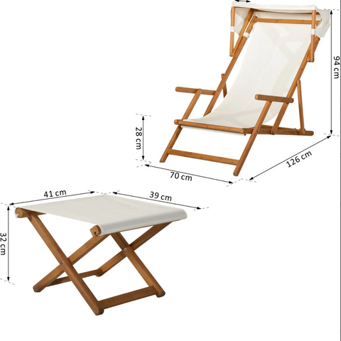 Rootz Gartenset – Liegestuhl – Loungesessel – verstellbar – Hocker – Sonnendach – Sonnenschutz – Akazienholz – Braun – Creme – 126 x 70 x 94 cm