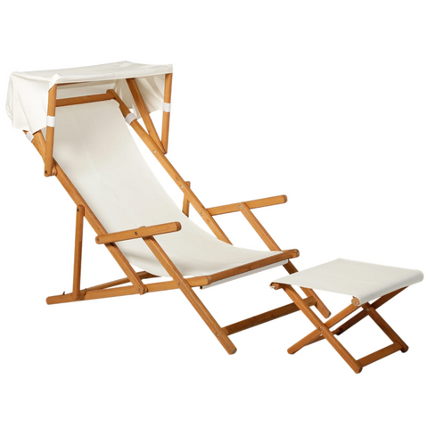 Rootz Gartenset – Liegestuhl – Loungesessel – verstellbar – Hocker – Sonnendach – Sonnenschutz – Akazienholz – Braun – Creme – 126 x 70 x 94 cm