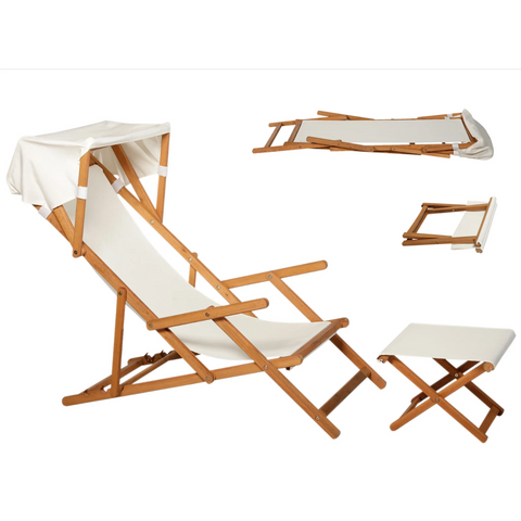 Rootz Gartenset – Liegestuhl – Loungesessel – verstellbar – Hocker – Sonnendach – Sonnenschutz – Akazienholz – Braun – Creme – 126 x 70 x 94 cm