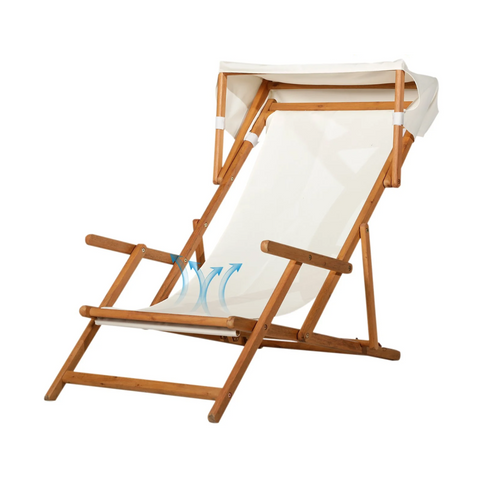 Rootz Gartenset – Liegestuhl – Loungesessel – verstellbar – Hocker – Sonnendach – Sonnenschutz – Akazienholz – Braun – Creme – 126 x 70 x 94 cm