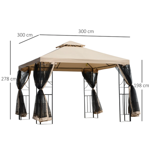 Rootz Party tent - Pavilion - Weatherproof - Side walls - Beige - Black - Metal - Polyester - L300 x W300 x H278 cm