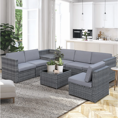 Rootz Lounge set - Garden set - Storage baskets - Benches - Seating set - Side table - Gray - Poly rattan - Steel