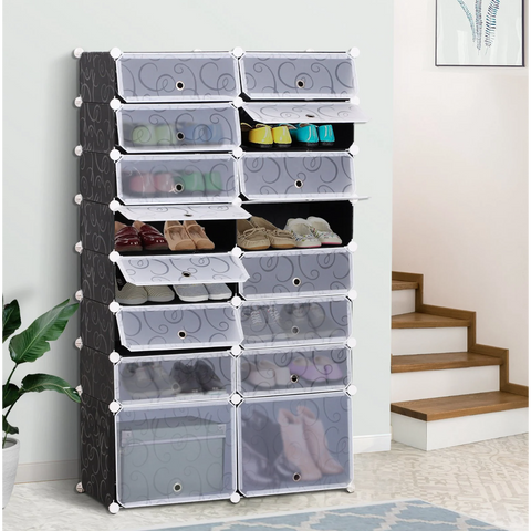 Rootz Schoenenkast - Schoenenrek - Organizer - Kledingkast - Vakkenkast - 16 Cubes - PP - Zwart - Wit - 95x37x160 cm