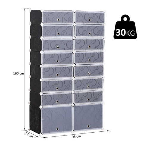 Rootz Schoenenkast - Schoenenrek - Organizer - Kledingkast - Vakkenkast - 16 Cubes - PP - Zwart - Wit - 95x37x160 cm