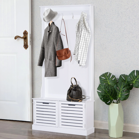 Rootz Garderobenset – Garderobe – 4 Haken – Bank – Stauraum – MDF – Weiß – 80 x 40 x 180 cm 