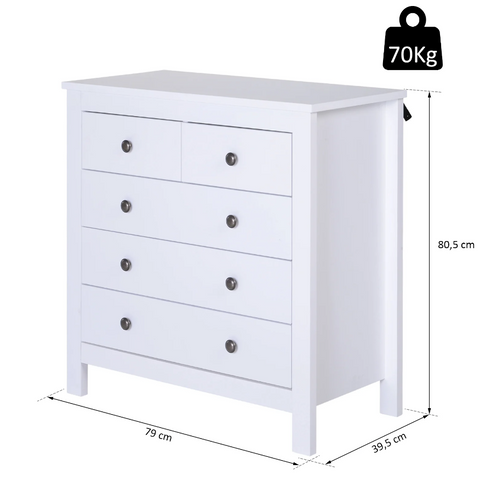 Rootz Chest of Drawers - Sideboard - 5 Drawers - Storage Cabinet - Processed Wood - MDF - White - 79 x 39.5 x 80.5 cm