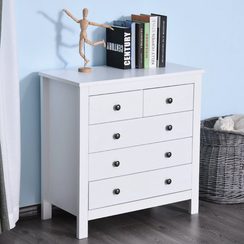 Rootz Chest of Drawers - Sideboard - 5 Drawers - Storage Cabinet - Processed Wood - MDF - White - 79 x 39.5 x 80.5 cm