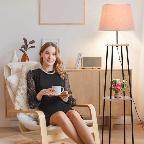 Rootz Floor Lamp - Standing Lamp - 3 Levels - Storage Space - E27 - Foot Switch - Linen - 40 x 40 x 160 cm