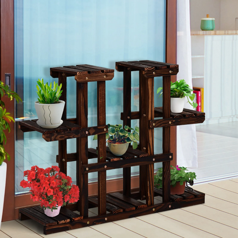 Rootz Plantenrek - Bloementrap - Plantenstandaard - 4 Niveaus - Bruin - Massief Hout - 95 x 25 x 72 cm