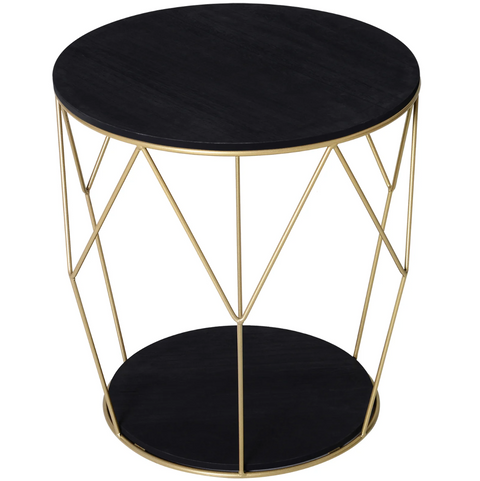 Rootz Salontafel - Bijzettafel - Opbergruimte - Mandvorm - Nachtkastje - Metaal - MDF - Zwart - Goud - 45 x 45 x 48 cm