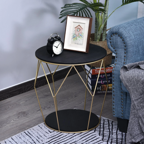 Rootz Salontafel - Bijzettafel - Opbergruimte - Mandvorm - Nachtkastje - Metaal - MDF - Zwart - Goud - 45 x 45 x 48 cm