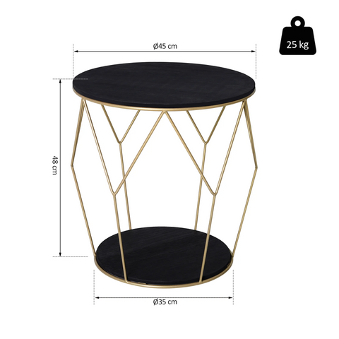 Rootz Salontafel - Bijzettafel - Opbergruimte - Mandvorm - Nachtkastje - Metaal - MDF - Zwart - Goud - 45 x 45 x 48 cm