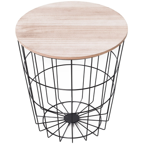 Rootz Salontafel - Bijzettafel - Opbergruimte - Nachtkastje - Mandvorm - Metaal - MDF - Naturel - Zwart - 39,5 x 39,5 x 43 cm