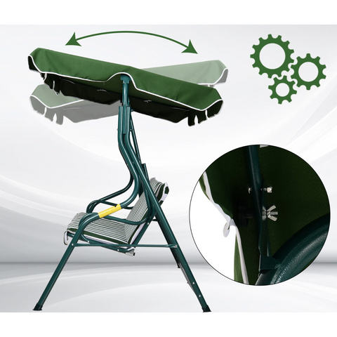 Rootz Garden Swing - Swing Bench - Adjustable Sun Canopy - Metal - Green - White - Polyester - Foam -