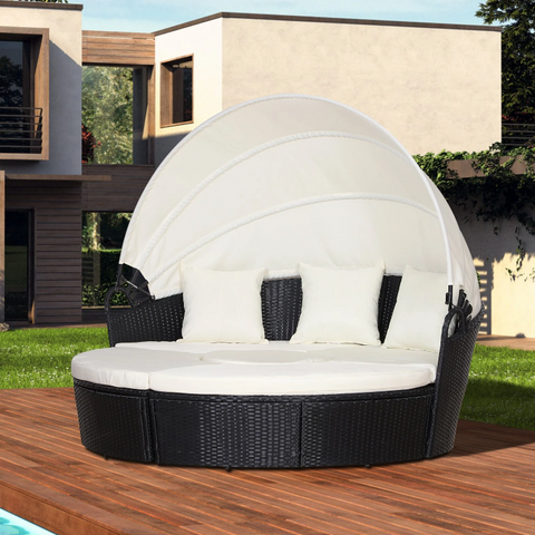 Rootz Zonne-Island - Lounge set - Rattan - Canopy - Seating group - Cushions - Metal - Cream - Black - 180 x 175 x 147 cm