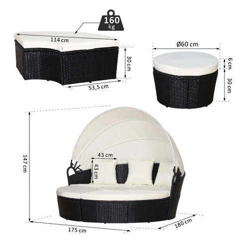 Rootz Zonne-Island - Lounge set - Rattan - Canopy - Seating group - Cushions - Metal - Cream - Black - 180 x 175 x 147 cm