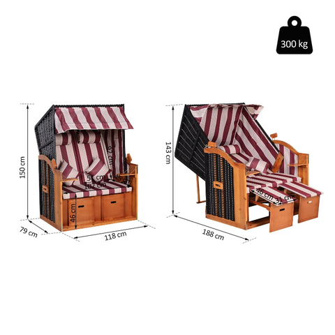Rootz Strandstuhl – Loungesessel – Liege – Getränkehalter – Fußstütze – Baldachin – verstellbare Rückenlehne – Rattan – Rot – Weiß – Metall – Holz – 118 x 79 x 150 cm