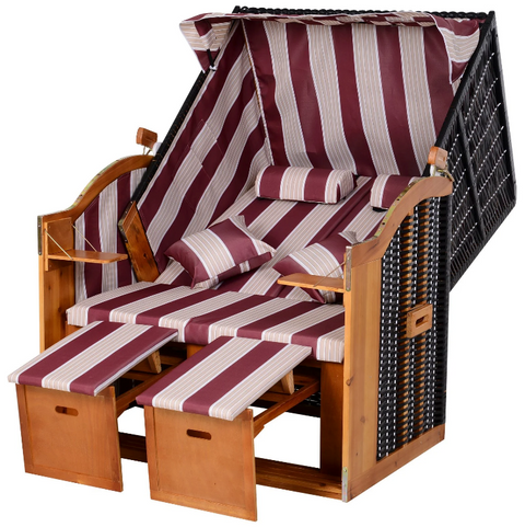 Rootz Strandstuhl – Loungesessel – Liege – Getränkehalter – Fußstütze – Baldachin – verstellbare Rückenlehne – Rattan – Rot – Weiß – Metall – Holz – 118 x 79 x 150 cm