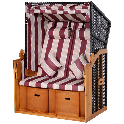 Rootz Strandstuhl – Loungesessel – Liege – Getränkehalter – Fußstütze – Baldachin – verstellbare Rückenlehne – Rattan – Rot – Weiß – Metall – Holz – 118 x 79 x 150 cm