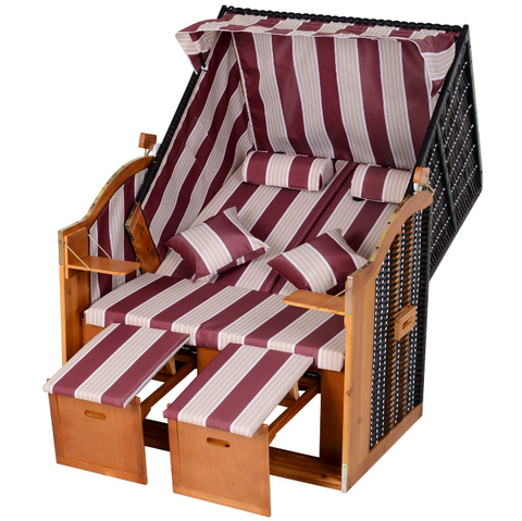 Rootz Strandstuhl – Loungesessel – Liege – Getränkehalter – Fußstütze – Baldachin – verstellbare Rückenlehne – Rattan – Rot – Weiß – Metall – Holz – 118 x 79 x 150 cm