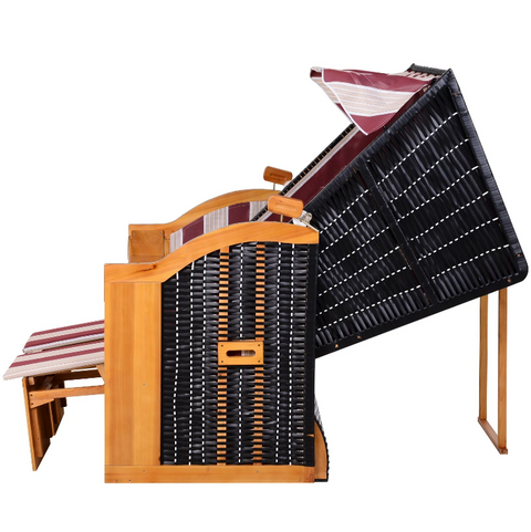 Rootz Strandstuhl – Loungesessel – Liege – Getränkehalter – Fußstütze – Baldachin – verstellbare Rückenlehne – Rattan – Rot – Weiß – Metall – Holz – 118 x 79 x 150 cm