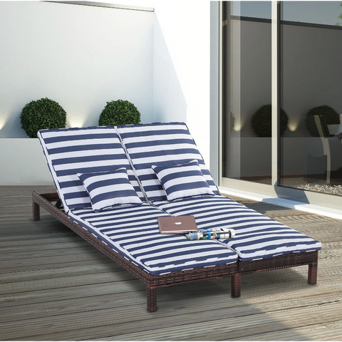 Rootz Lounger - Loungebed - Ligbed - 2-Persoons - 5-Laags - Metaal - Blauw - Wit - Rotan - Bruin - 195 x 120 x 28 cm 
