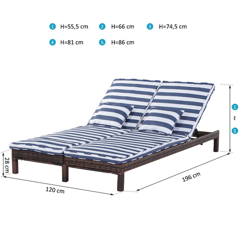 Rootz Lounger - Loungebed - Ligbed - 2-Persoons - 5-Laags - Metaal - Blauw - Wit - Rotan - Bruin - 195 x 120 x 28 cm 