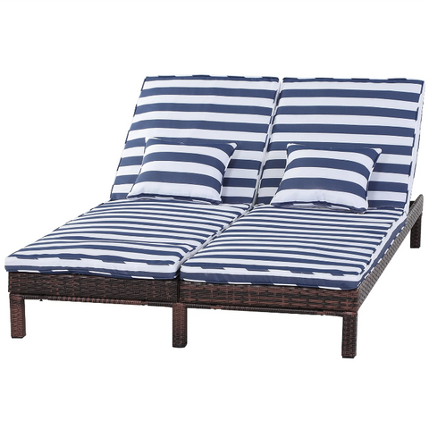 Rootz Lounger - Loungebed - Ligbed - 2-Persoons - 5-Laags - Metaal - Blauw - Wit - Rotan - Bruin - 195 x 120 x 28 cm 