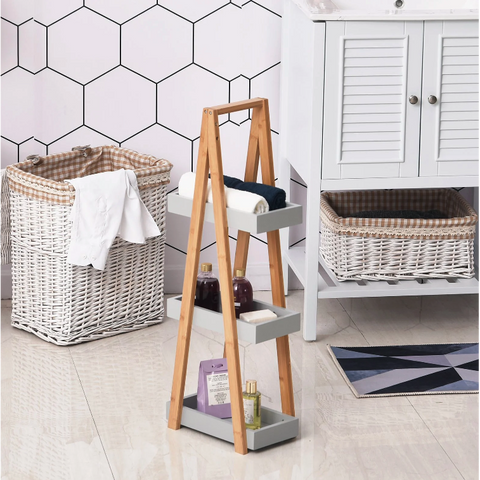 Rootz Bathroom Shelf - Storage Rack - 3 Levels - Ladder - Storage Shelf - Bamboo - Gray - MDF - 30 x 18 x 81 cm