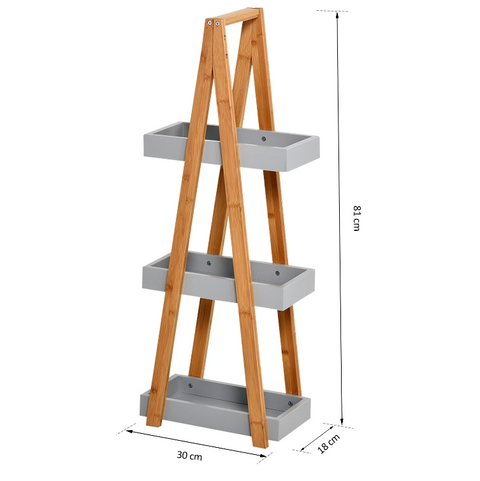 Rootz Bathroom Shelf - Storage Rack - 3 Levels - Ladder - Storage Shelf - Bamboo - Gray - MDF - 30 x 18 x 81 cm