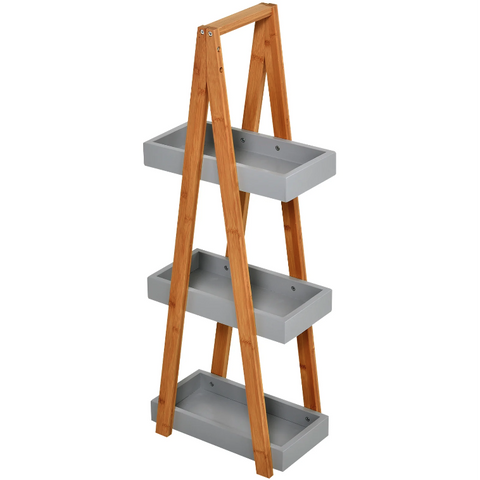 Rootz Bathroom Shelf - Storage Rack - 3 Levels - Ladder - Storage Shelf - Bamboo - Gray - MDF - 30 x 18 x 81 cm