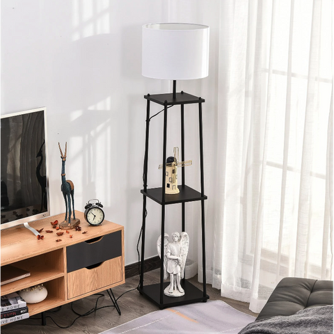 Rootz Floor Lamp - Mood Lighting - High Lamp - Storage Space - 3 Levels - Cotton - Polyester - Metal - Black - 34.5 x 34.5 x 150 cm