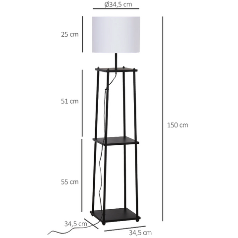 Rootz Floor Lamp - Mood Lighting - High Lamp - Storage Space - 3 Levels - Cotton - Polyester - Metal - Black - 34.5 x 34.5 x 150 cm