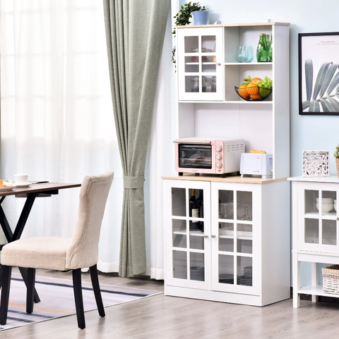 Rootz Kitchen Cabinet - Worktop - Storage Cabinet - Glass Door - Storage Space - MDF - White - Natural - 80 x 37 x 183 cm