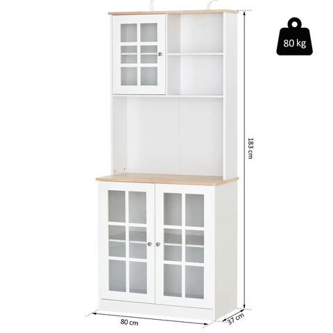 Rootz Kitchen Cabinet - Worktop - Storage Cabinet - Glass Door - Storage Space - MDF - White - Natural - 80 x 37 x 183 cm