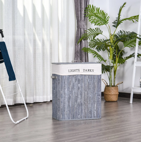 Rootz 72L Laundry basket - Laundry box - Washbasin - Angular - Brown / Gray - Bamboo - Lid - 40 x 30 x 60 cm
