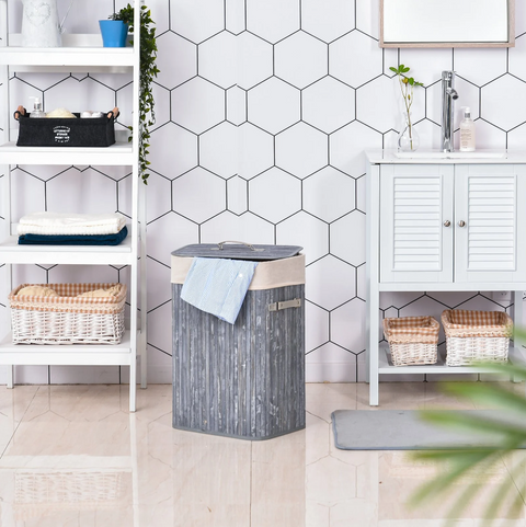 Rootz 72L Laundry basket - Laundry box - Washbasin - Angular - Brown / Gray - Bamboo - Lid - 40 x 30 x 60 cm