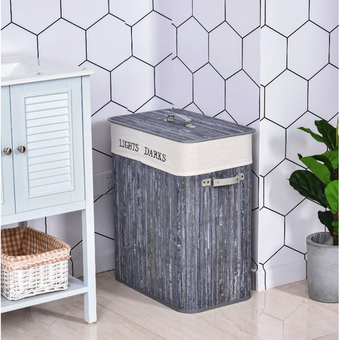 Rootz 72L Laundry basket - Laundry box - Washbasin - Angular - Brown / Gray - Bamboo - Lid - 40 x 30 x 60 cm