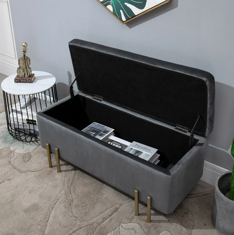 Rootz Hocker - Footstool - Stool - Storage Space - Upholstered - Dark Gray - Iron - 100 x 40 x 42 cm