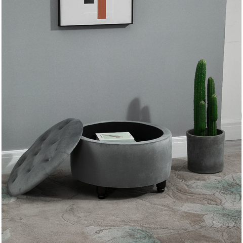 Rootz Hocker - Pouf - Footrest - Stool - Storage - Polyester - Wood - Dark Gray - 61 x 61 x 41.5 cm