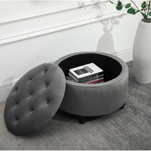 Rootz Hocker - Pouf - Footrest - Stool - Storage - Polyester - Wood - Dark Gray - 61 x 61 x 41.5 cm