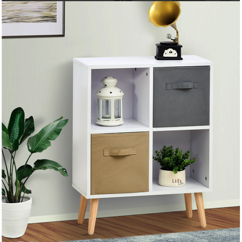 Rootz Storage Cabinet - Compartment Cabinet - Kitchen Cabinet - 2 Open Compartments - 2 Fabric Drawers - White - Brown - 54.5 x 24 x 69.5 cm