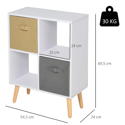 Rootz Storage Cabinet - Compartment Cabinet - Kitchen Cabinet - 2 Open Compartments - 2 Fabric Drawers - White - Brown - 54.5 x 24 x 69.5 cm