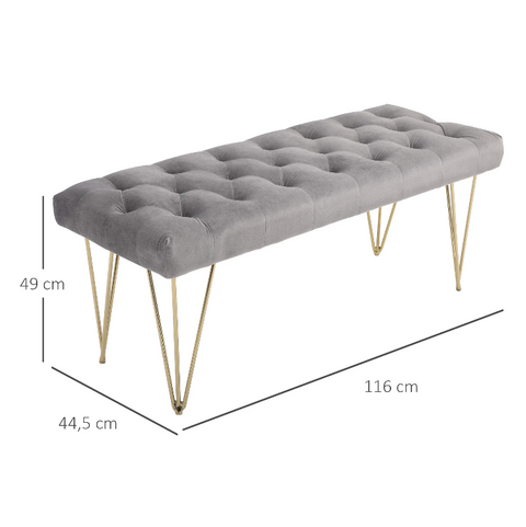Rootz Sofa - Dining Room Sofa - Upholstered Sofa - Velvet - Metal - Gray - Gold - 116 x 44.5 x 49 cm