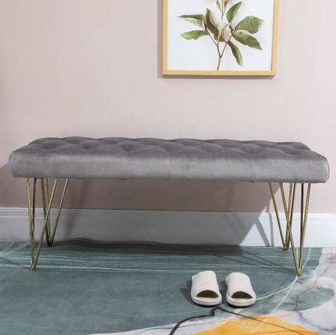 Rootz Sofa - Dining Room Sofa - Upholstered Sofa - Velvet - Metal - Gray - Gold - 116 x 44.5 x 49 cm