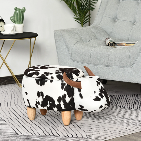 Rootz Hocker - Pouf - Cow - For Children - Storage Space - Black - White - Fabric - Rubberwood - 62 x 35 x 36 cm