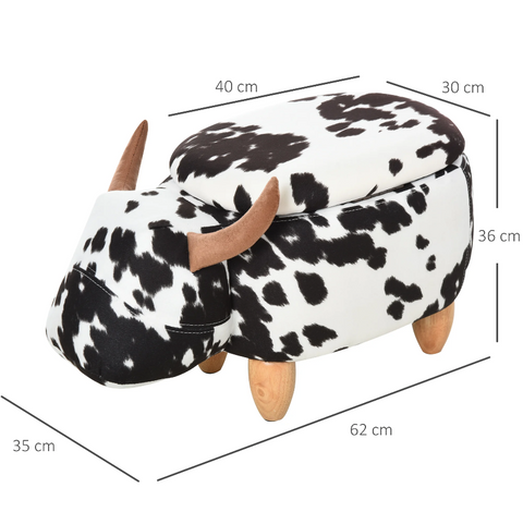 Rootz Hocker - Pouf - Cow - For Children - Storage Space - Black - White - Fabric - Rubberwood - 62 x 35 x 36 cm