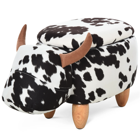 Rootz Hocker - Pouf - Cow - For Children - Storage Space - Black - White - Fabric - Rubberwood - 62 x 35 x 36 cm